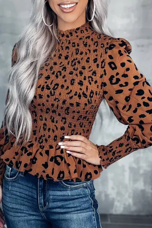 Brown Leopard Smocked Puff Sleeve Peplum Top