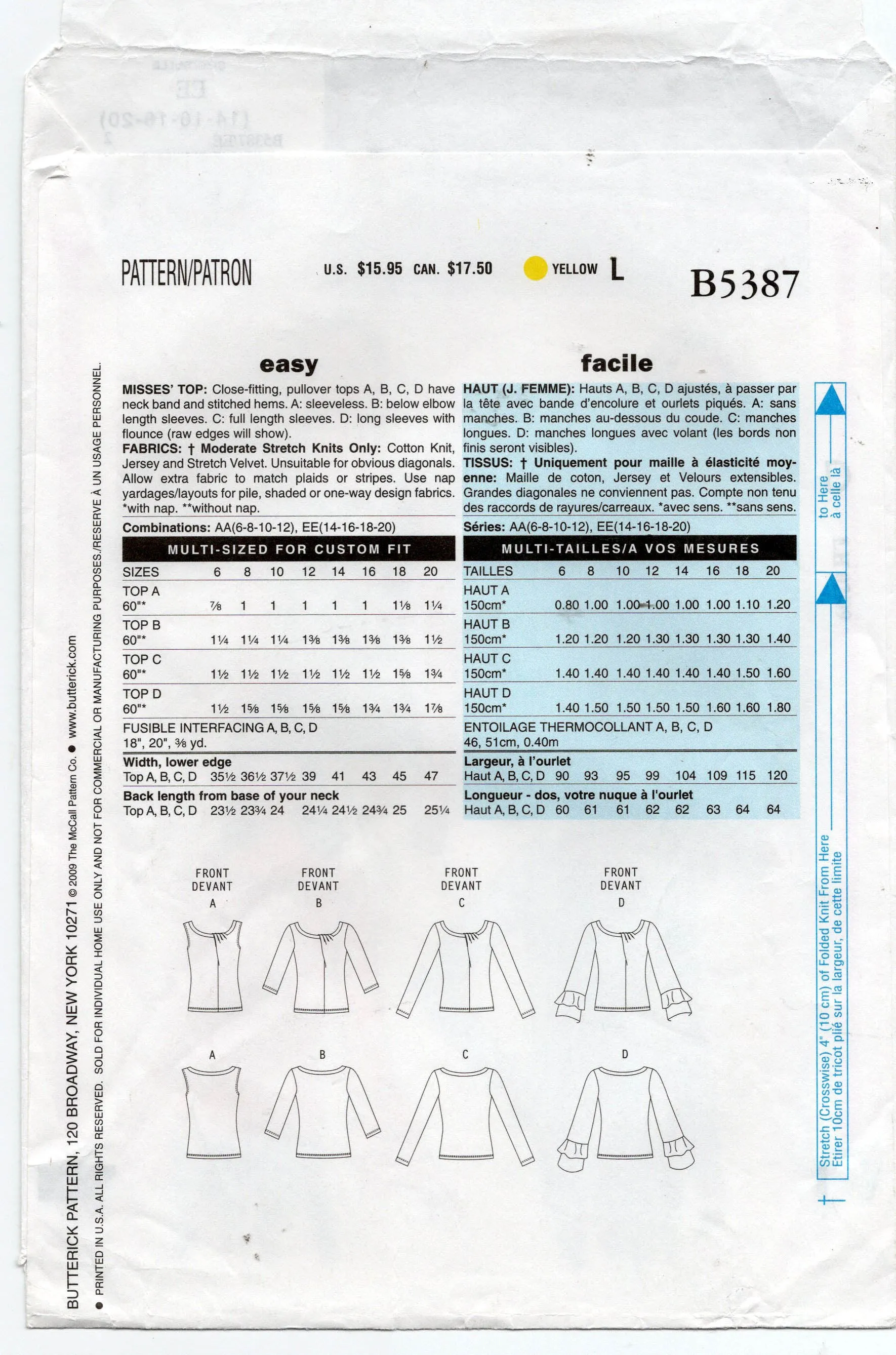 Butterick B5387 Womens Stretch Asymmetric Pullover Tops Out Of Print Sewing Pattern Size 6 - 12 or 14 - 20 UNCUT Factory Folded