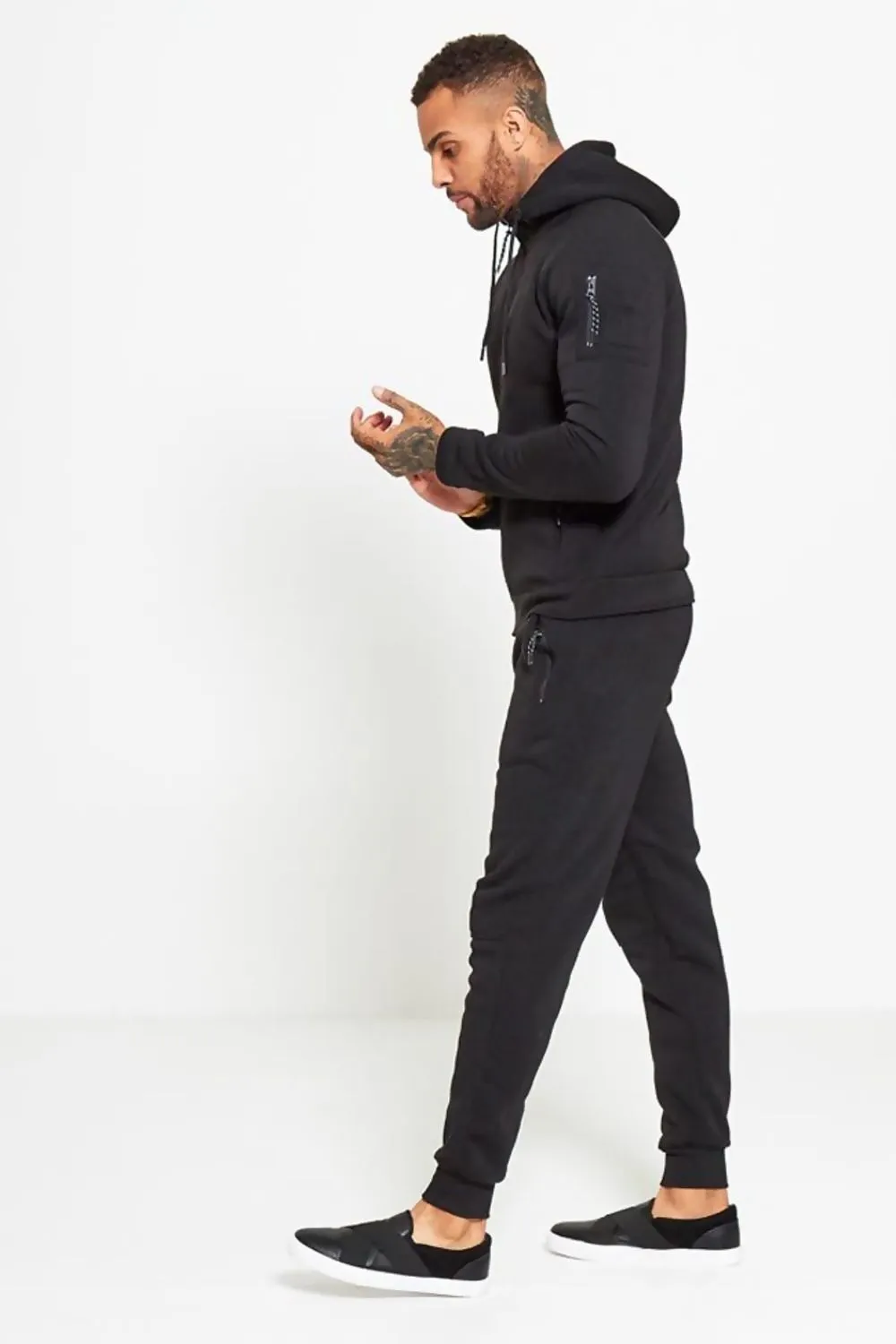 Comfy Black Zip Through Skinny Fit Hooded Tracksuit Set