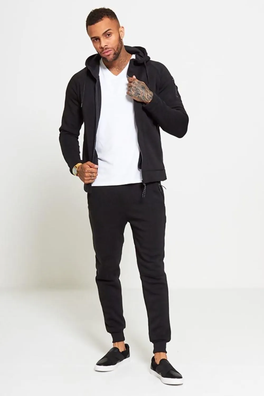 Comfy Black Zip Through Skinny Fit Hooded Tracksuit Set