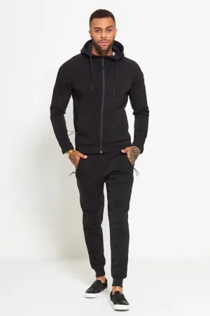 Comfy Black Zip Through Skinny Fit Hooded Tracksuit Set