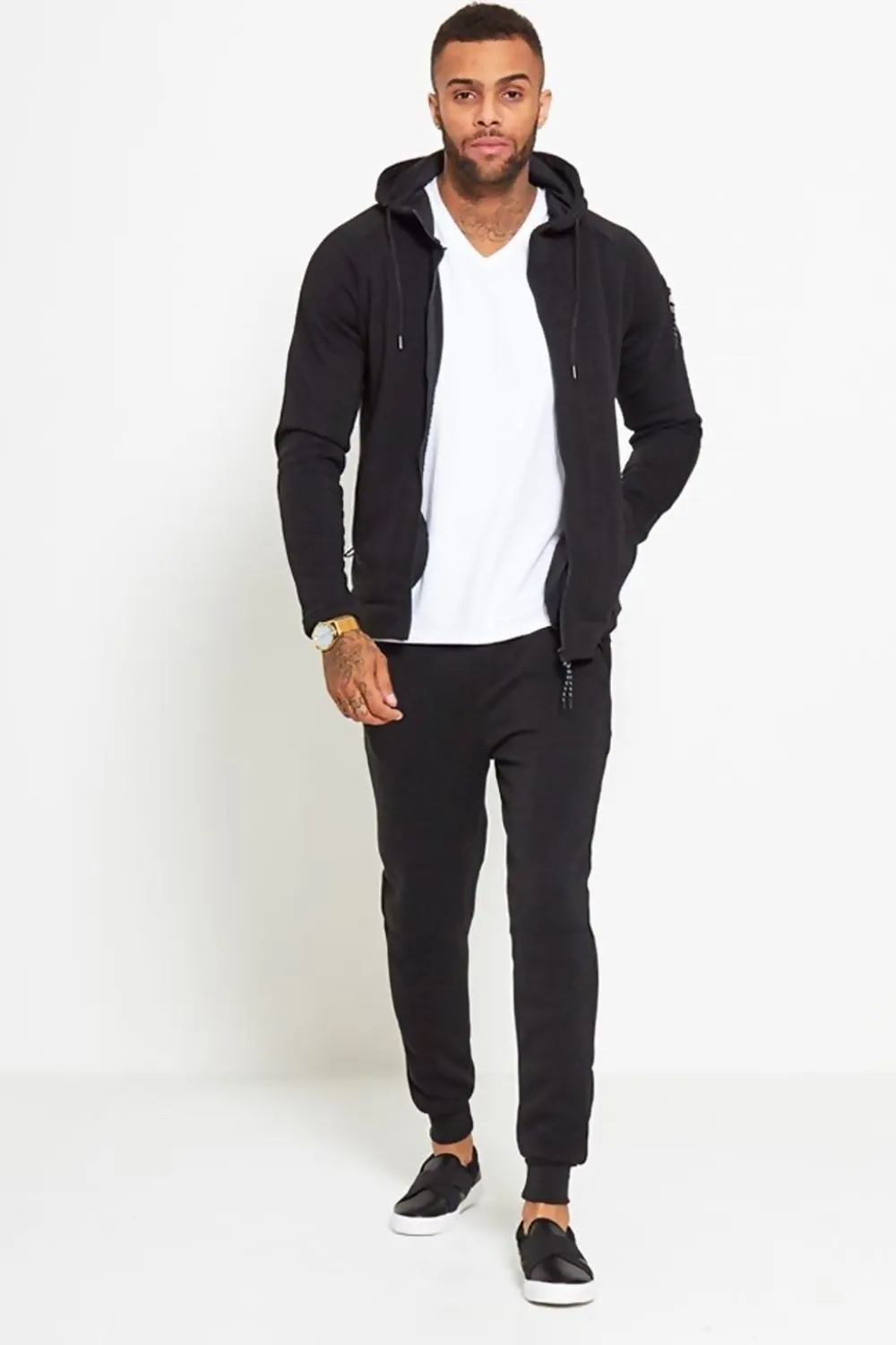 Comfy Black Zip Through Skinny Fit Hooded Tracksuit Set