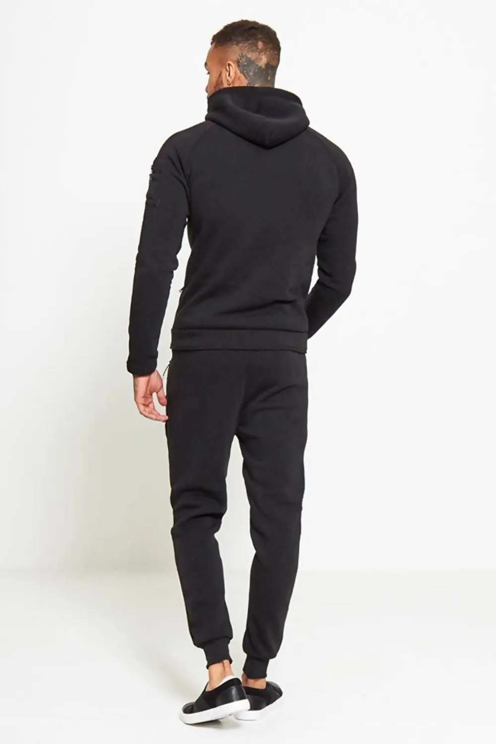 Comfy Black Zip Through Skinny Fit Hooded Tracksuit Set