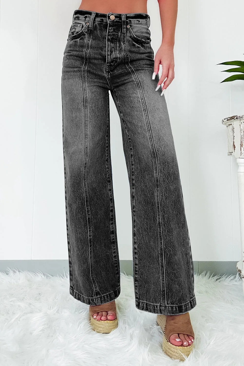 Dark Grey Central Seamed Wide Leg High Waist Jeans