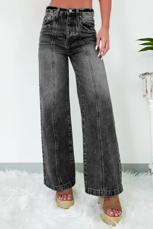 Dark Grey Central Seamed Wide Leg High Waist Jeans