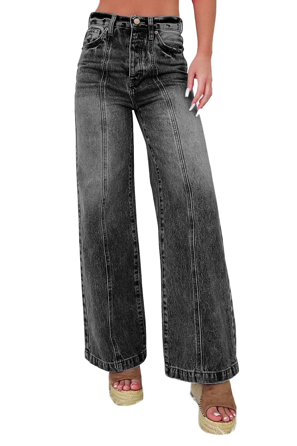 Dark Grey Central Seamed Wide Leg High Waist Jeans