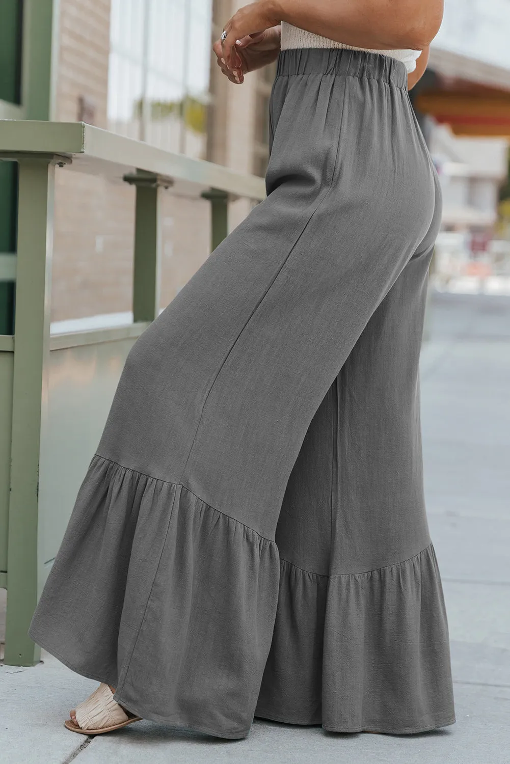Dark Grey Sky Blue High Waist Ruffled Wide-Leg Pants