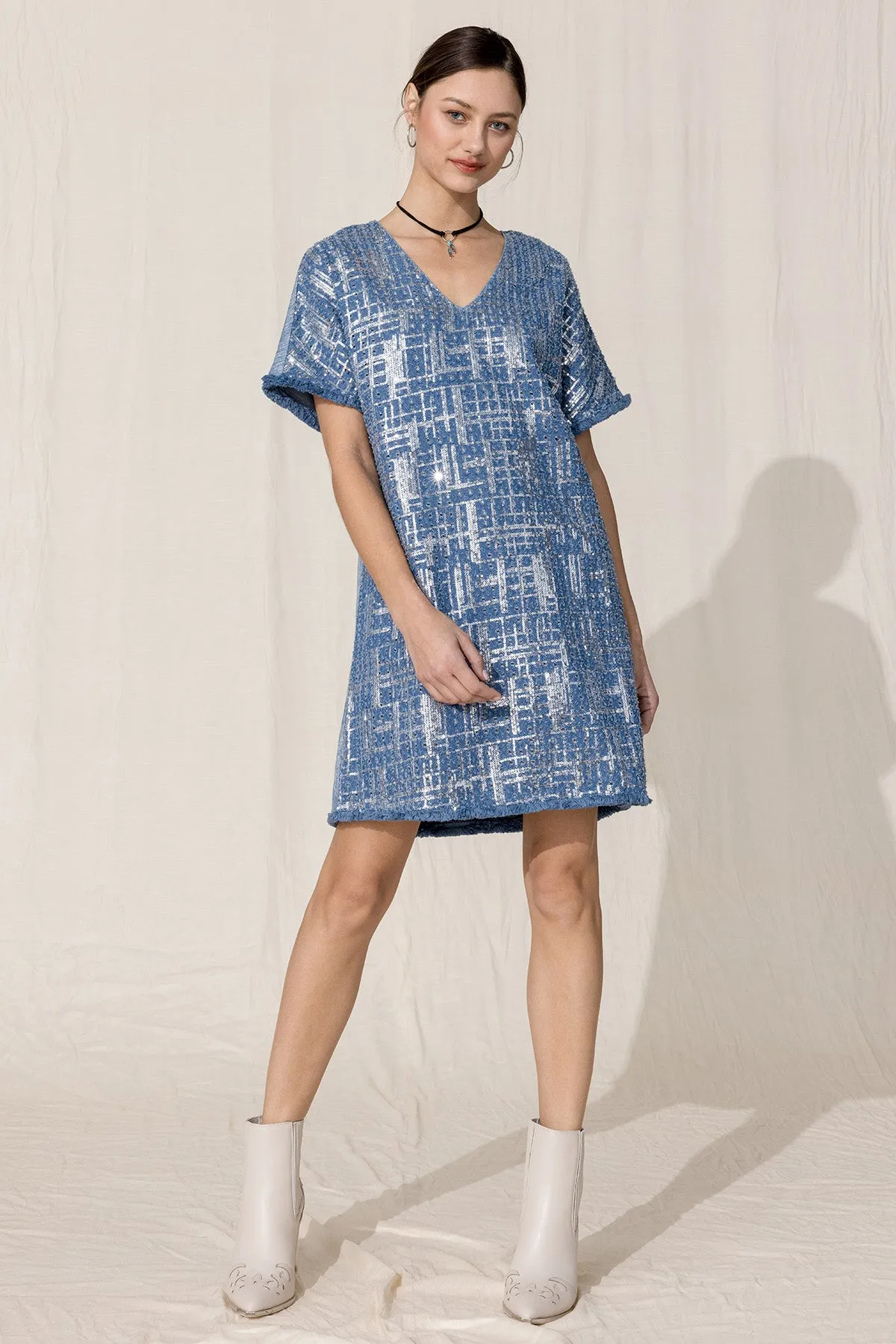 Denim Sequin Mini Shift Dress