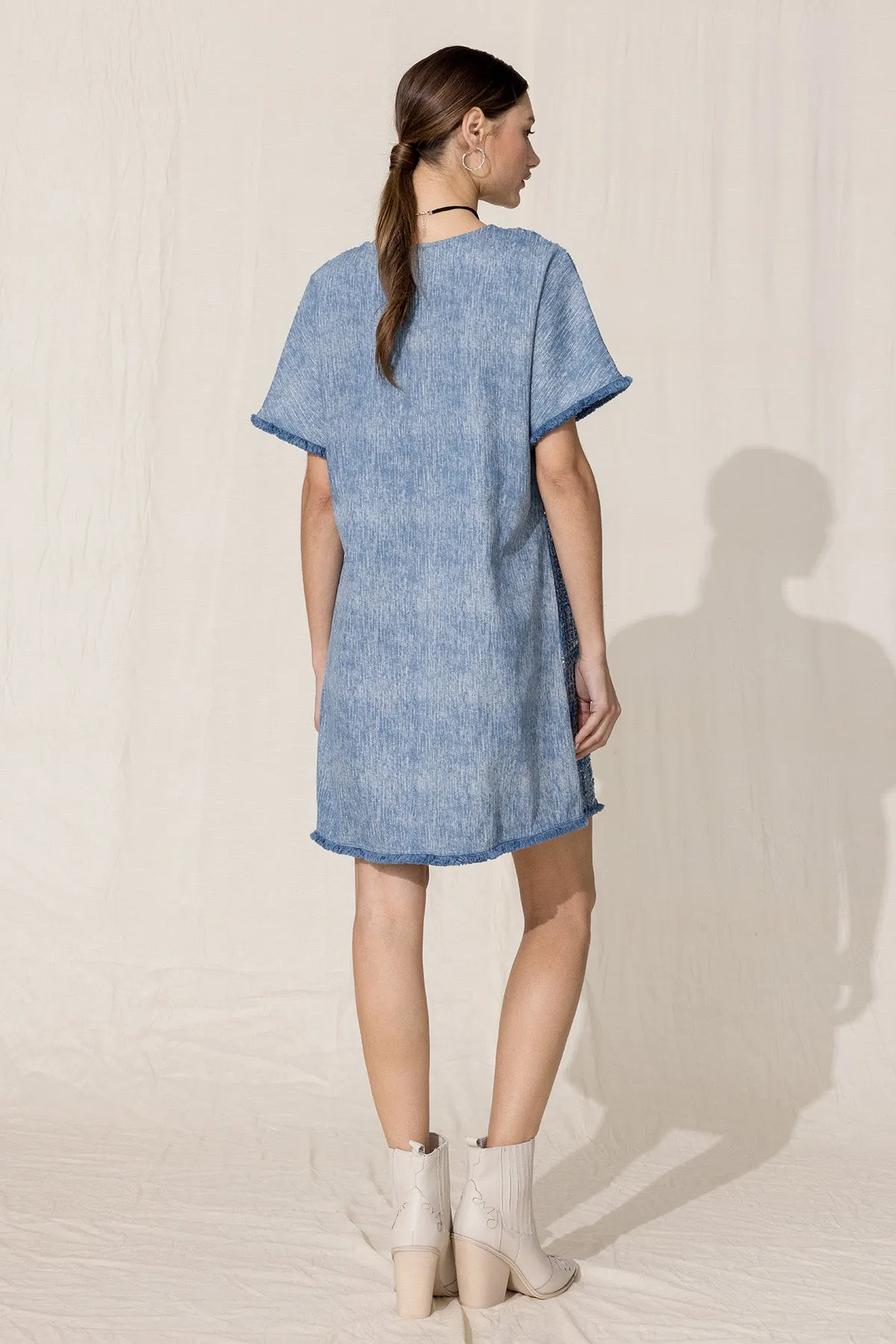 Denim Sequin Mini Shift Dress