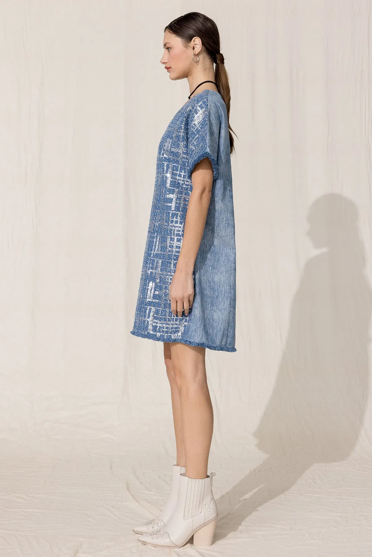 Denim Sequin Mini Shift Dress