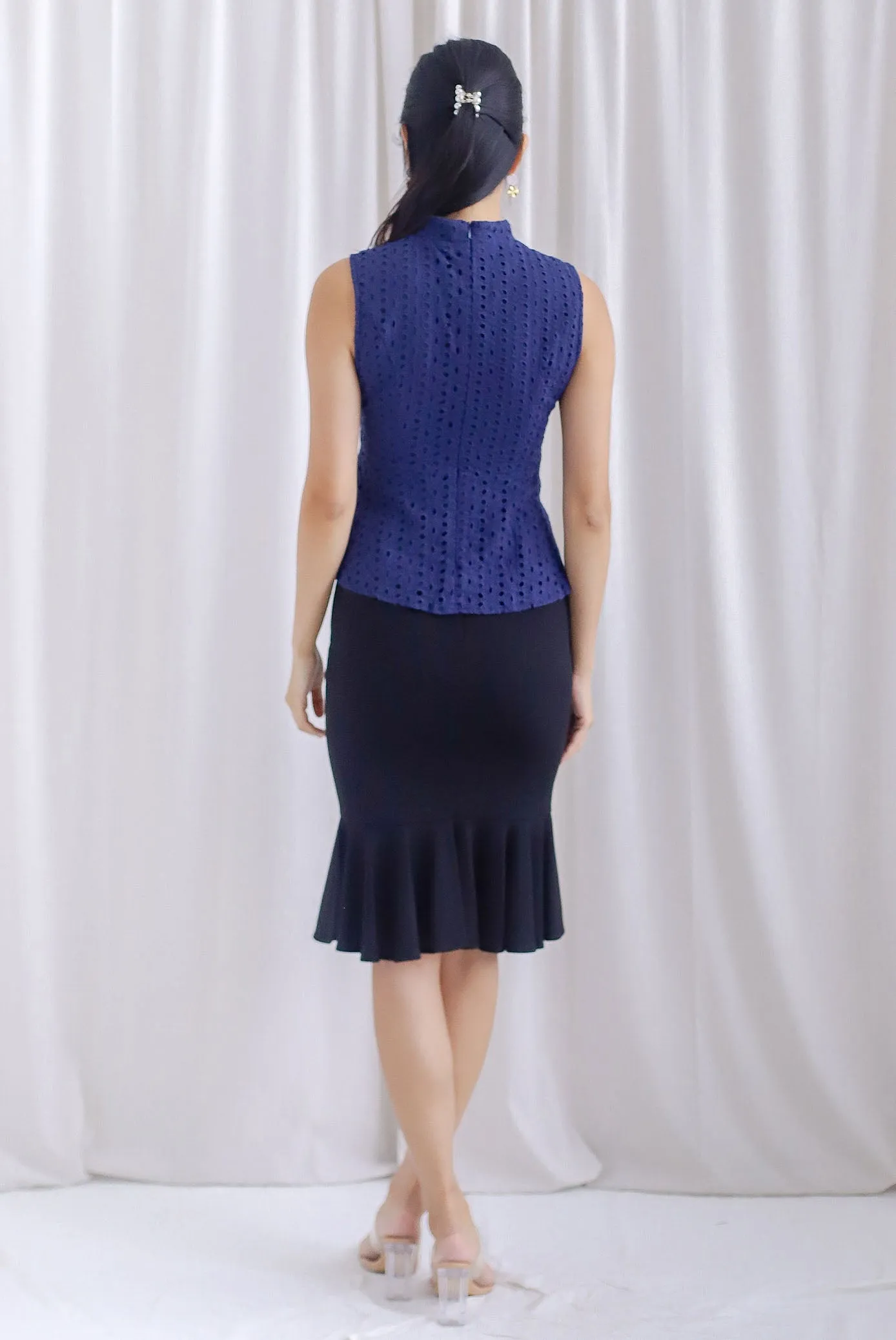 Dora Eyelet Peplum Cheongsam Top In Navy Blue