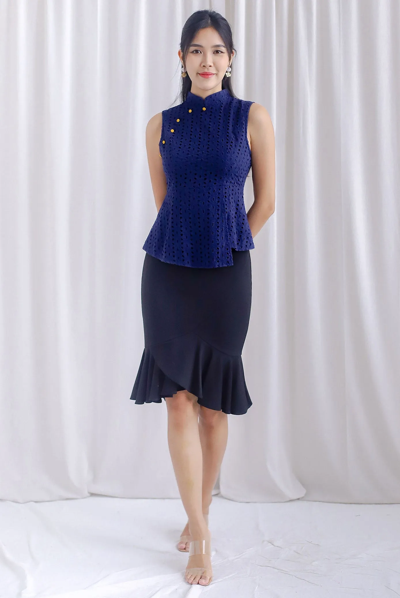 Dora Eyelet Peplum Cheongsam Top In Navy Blue