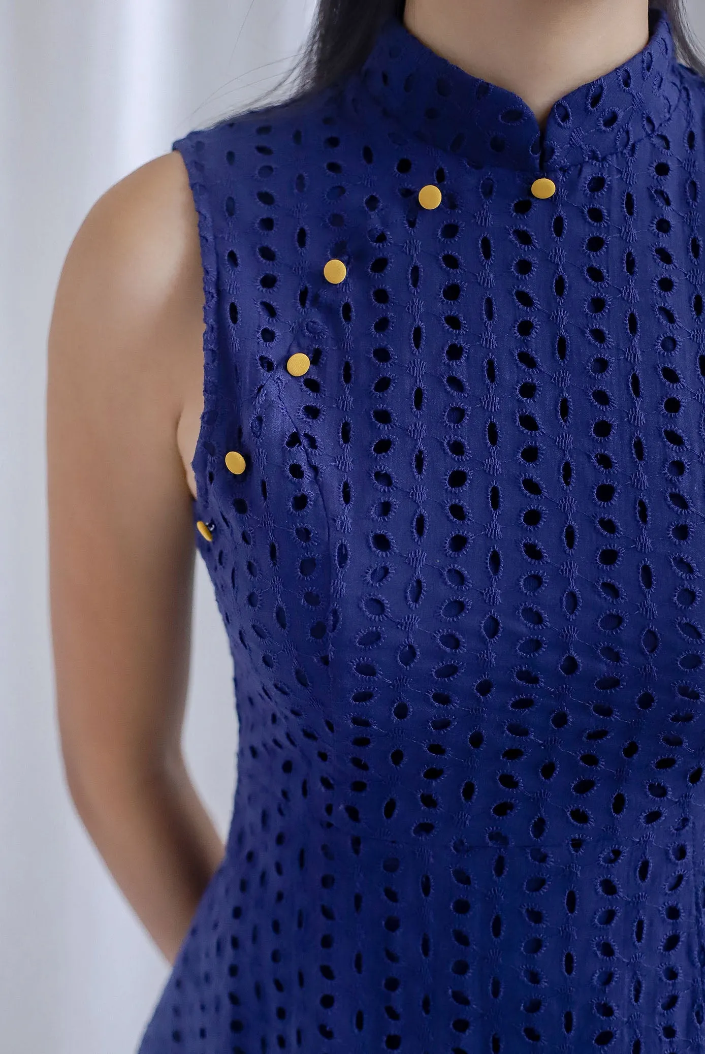 Dora Eyelet Peplum Cheongsam Top In Navy Blue