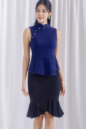 Dora Eyelet Peplum Cheongsam Top In Navy Blue