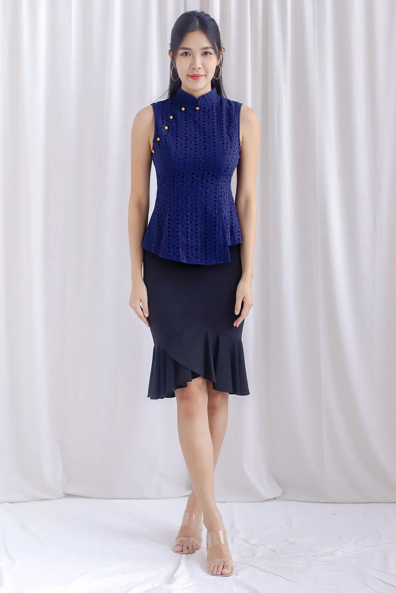 Dora Eyelet Peplum Cheongsam Top In Navy Blue