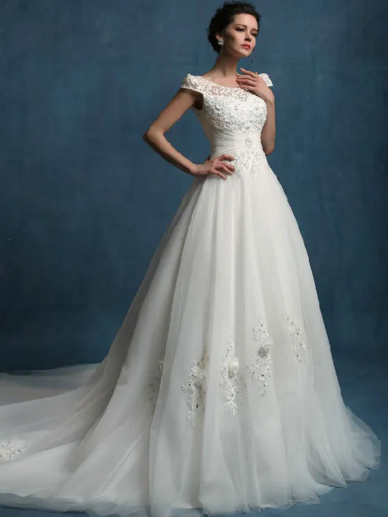 Elegant A-line Wedding Dress with Cap Sleeves | LW2003