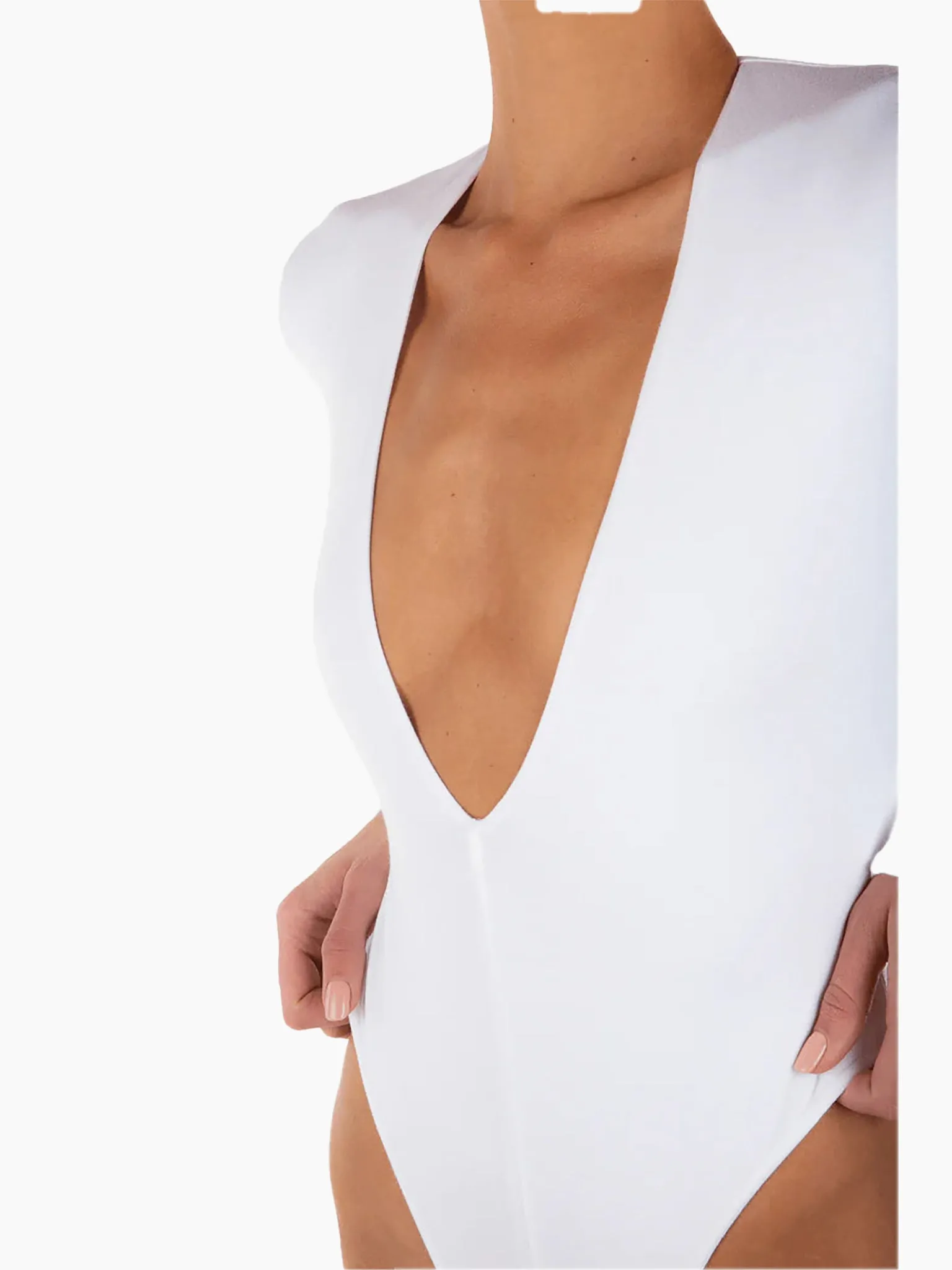 ETERNE Long Sleeve Deep V Bodysuit in White