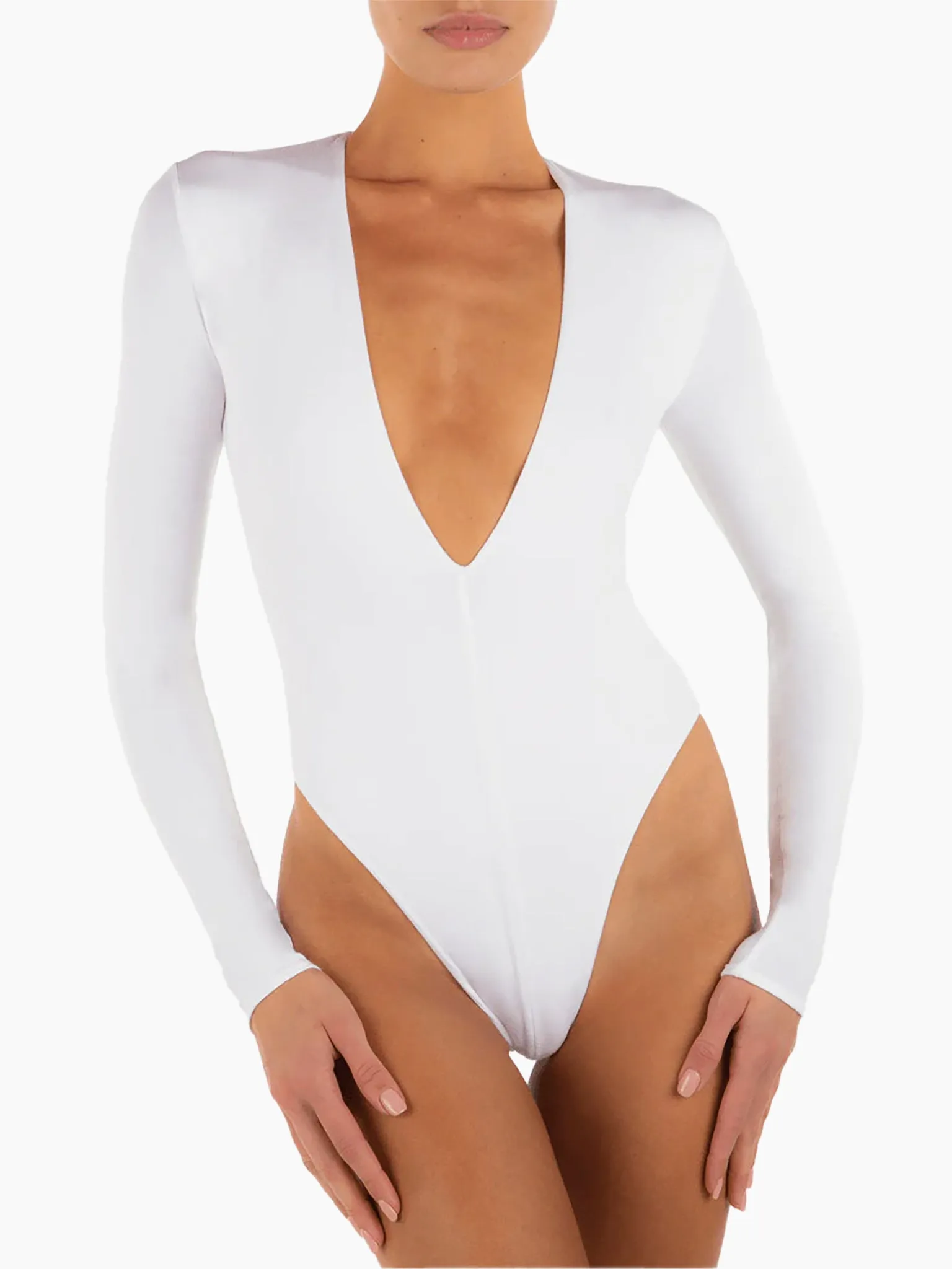 ETERNE Long Sleeve Deep V Bodysuit in White