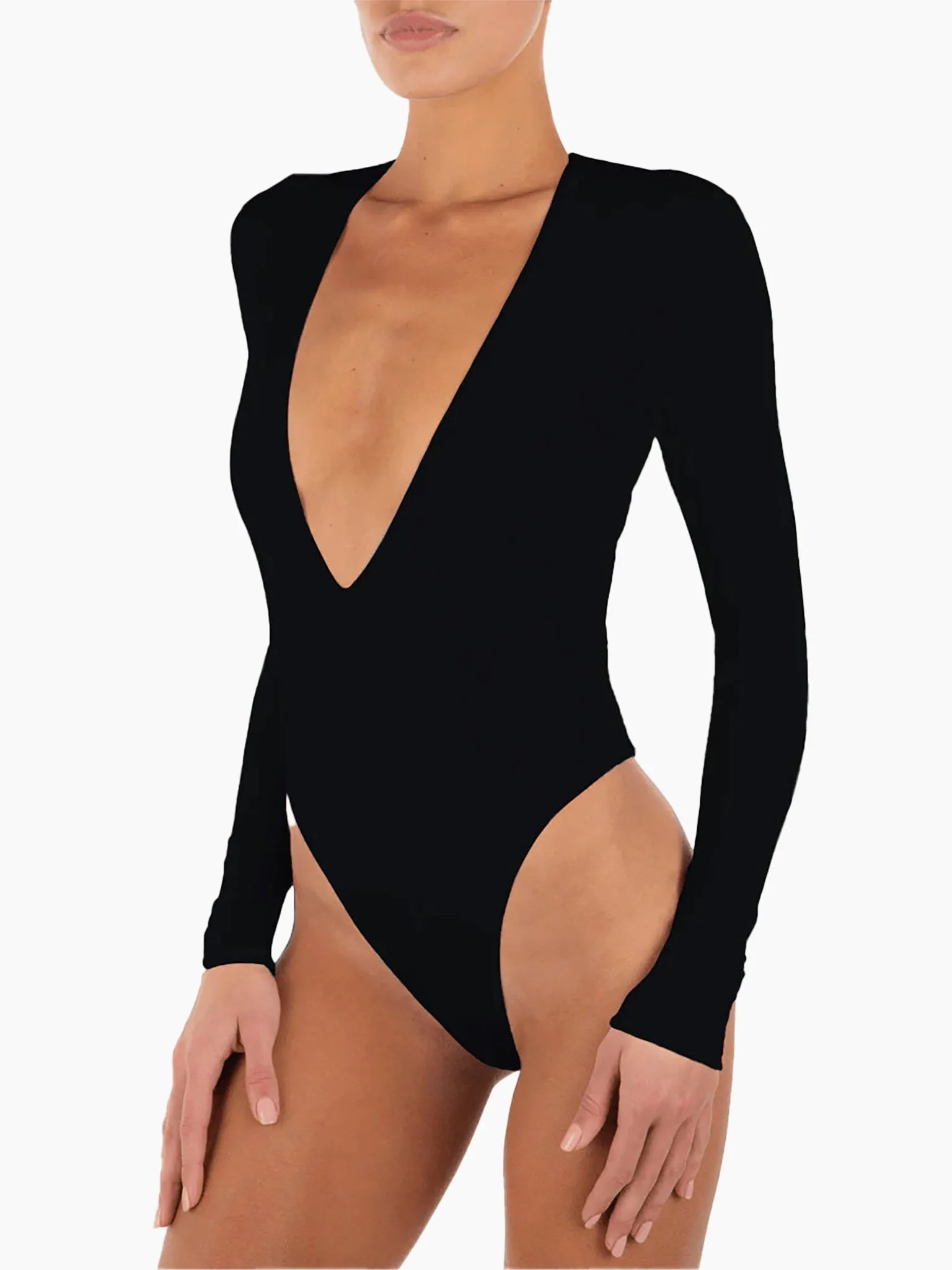 ETERNE Long Sleeve Deep V Bodysuit in White