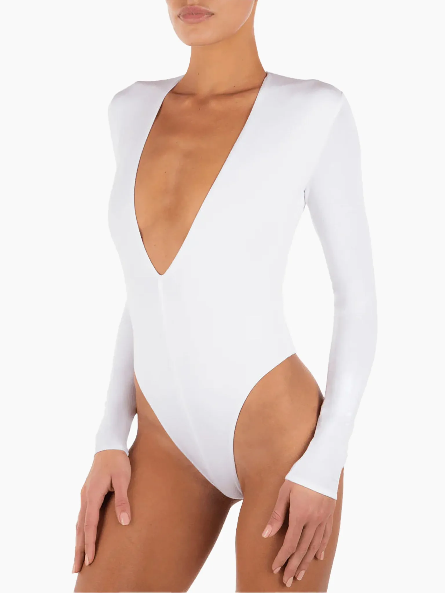 ETERNE Long Sleeve Deep V Bodysuit in White