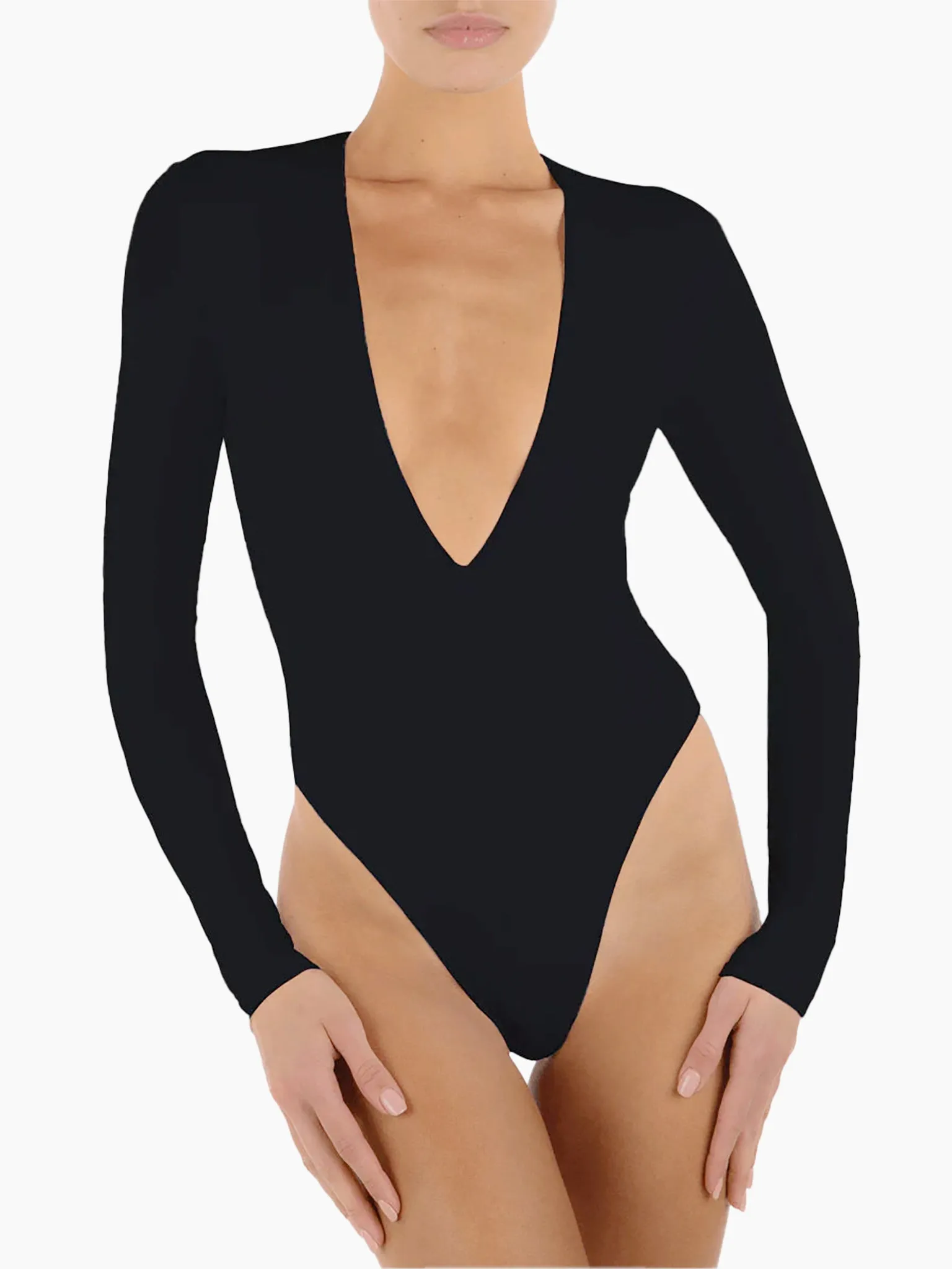 ETERNE Long Sleeve Deep V Bodysuit in White