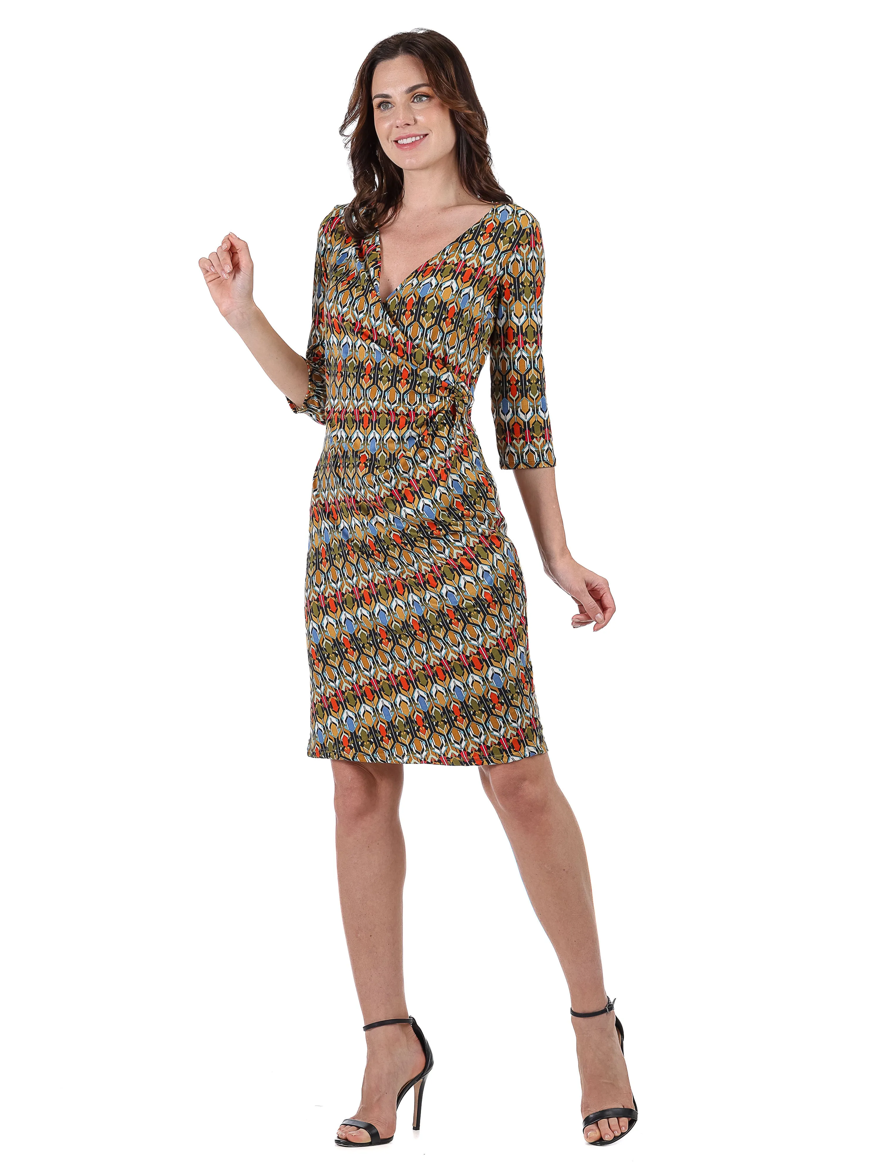 Fall Geometric Print Knee Length Faux Wrap Dress