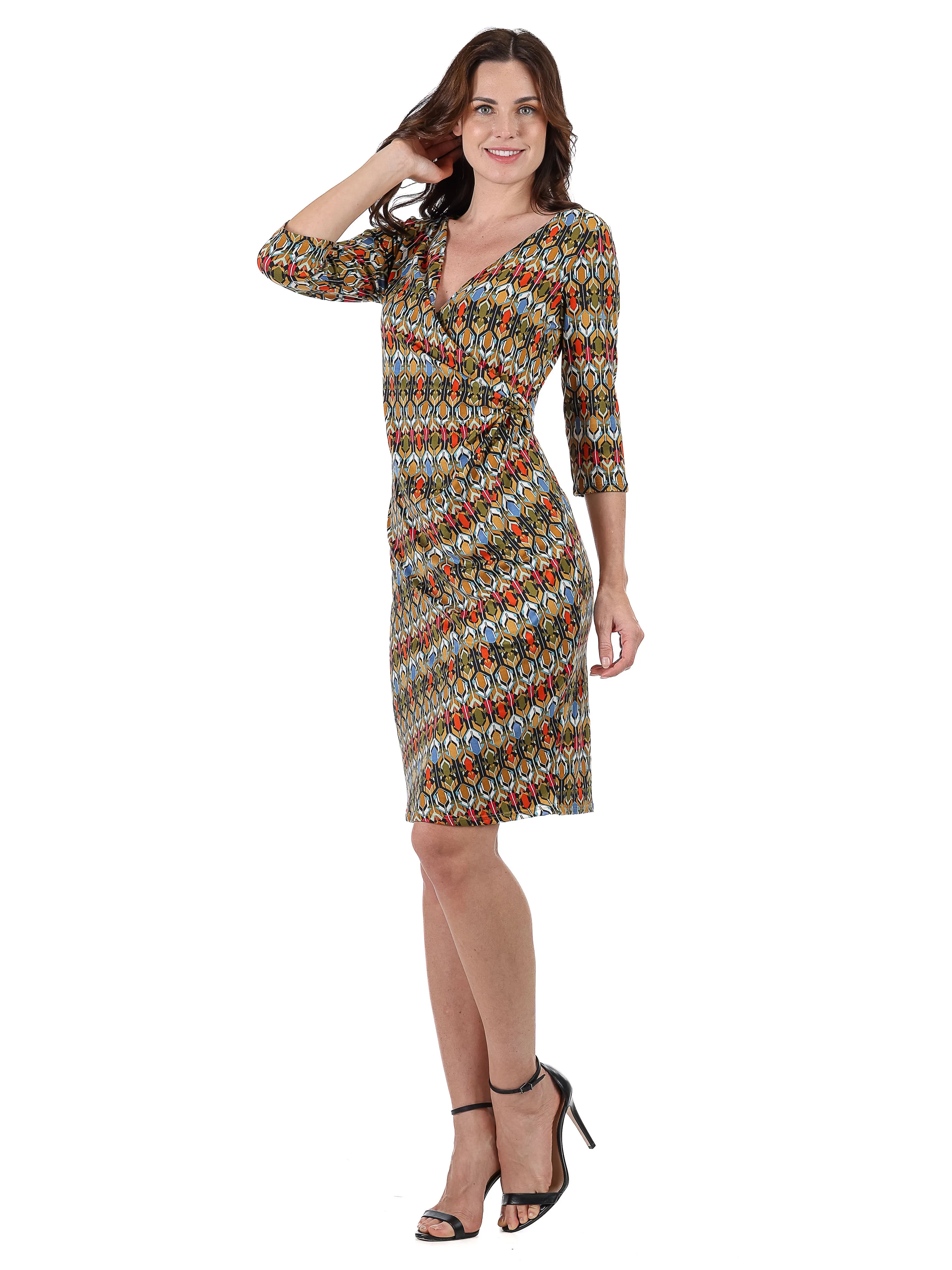 Fall Geometric Print Knee Length Faux Wrap Dress