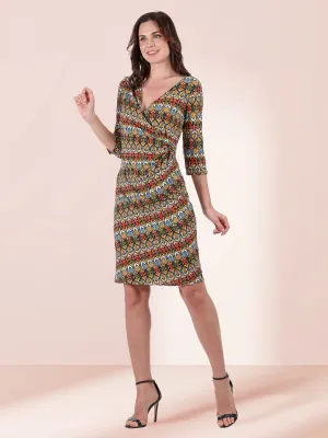 Fall Geometric Print Knee Length Faux Wrap Dress