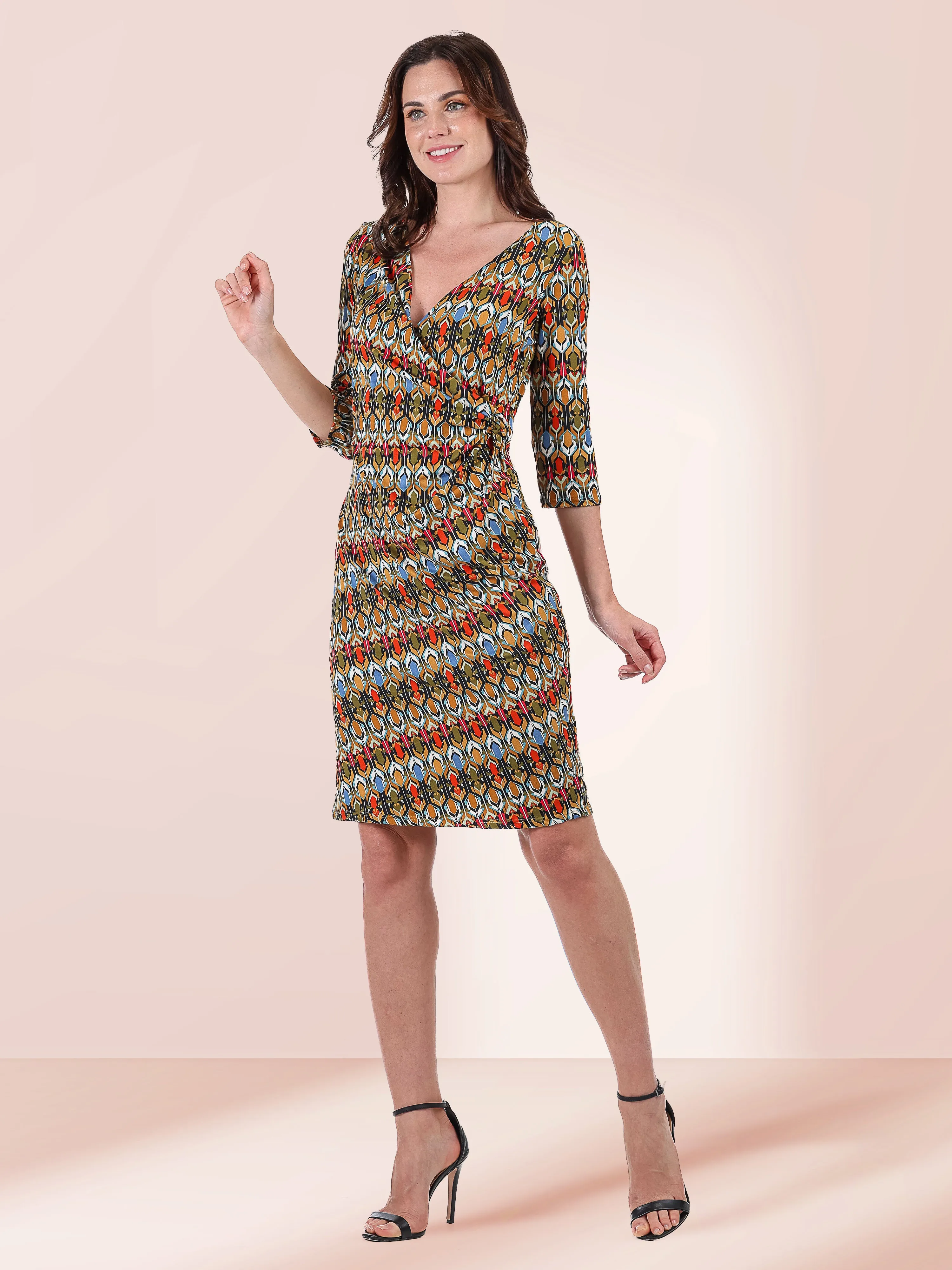 Fall Geometric Print Knee Length Faux Wrap Dress