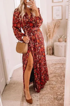 Floral Print Long Sleeve Slit Maxi Wrap Dress