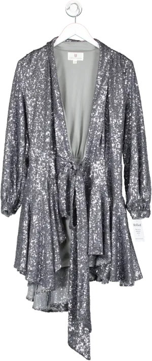 Forever Unique Grey Sequin Wrap Dress UK 8