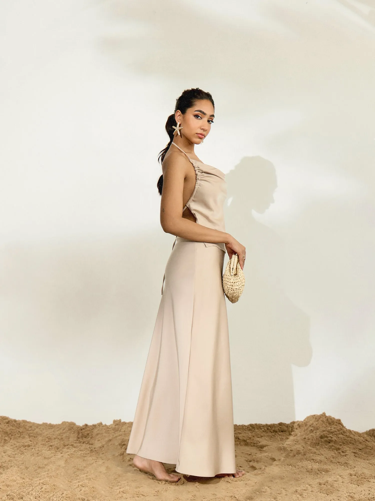 Front Cowl Side Ruched Tie Up Backless Top