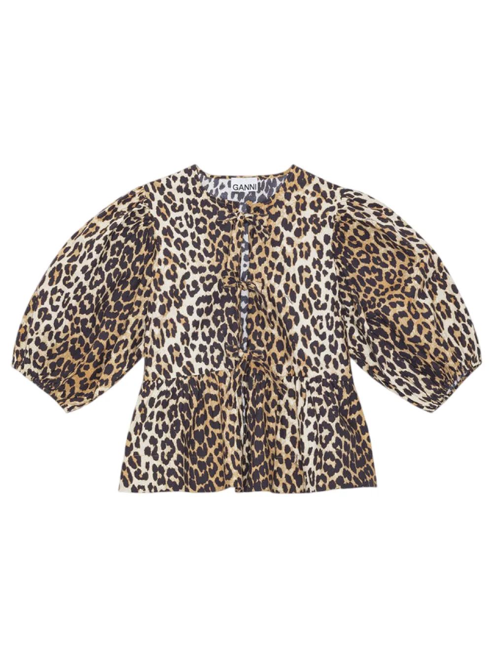 Ganni Printed Cotton Poplin Peplum Tie Blouse in Leopard