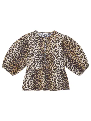Ganni Printed Cotton Poplin Peplum Tie Blouse in Leopard