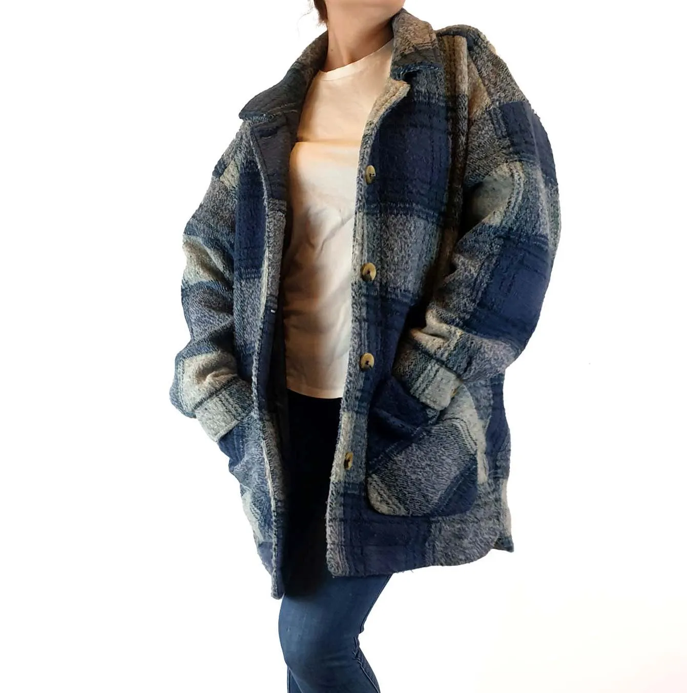 Ghanda wool mix blue and grey plaid coat size S