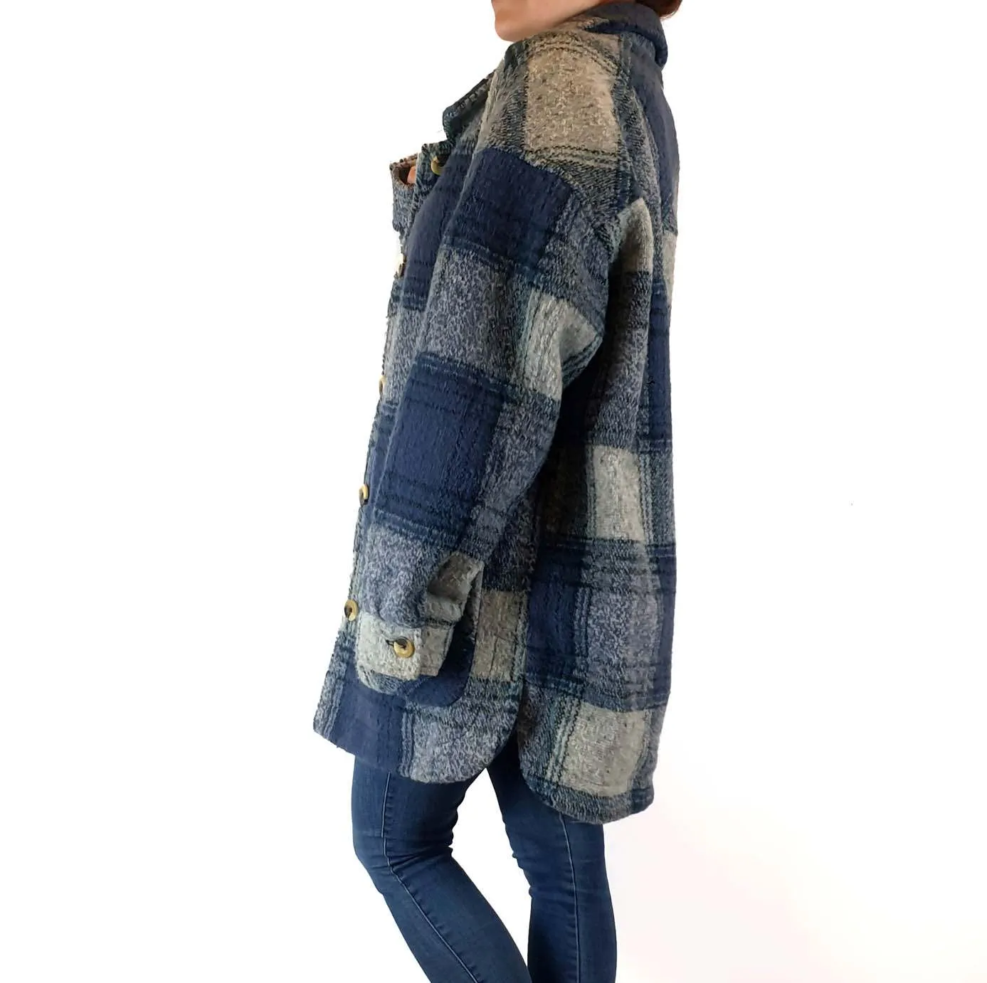 Ghanda wool mix blue and grey plaid coat size S