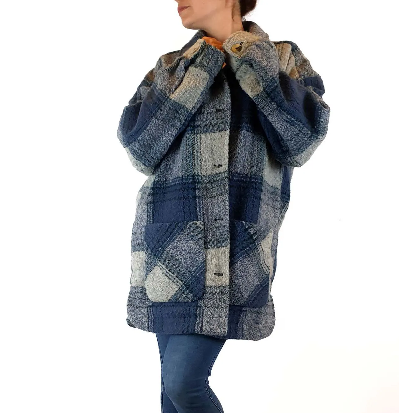 Ghanda wool mix blue and grey plaid coat size S
