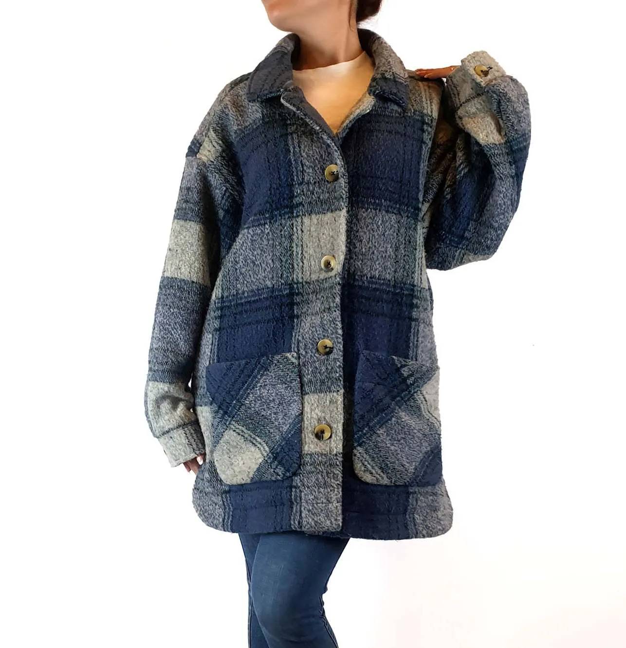 Ghanda wool mix blue and grey plaid coat size S