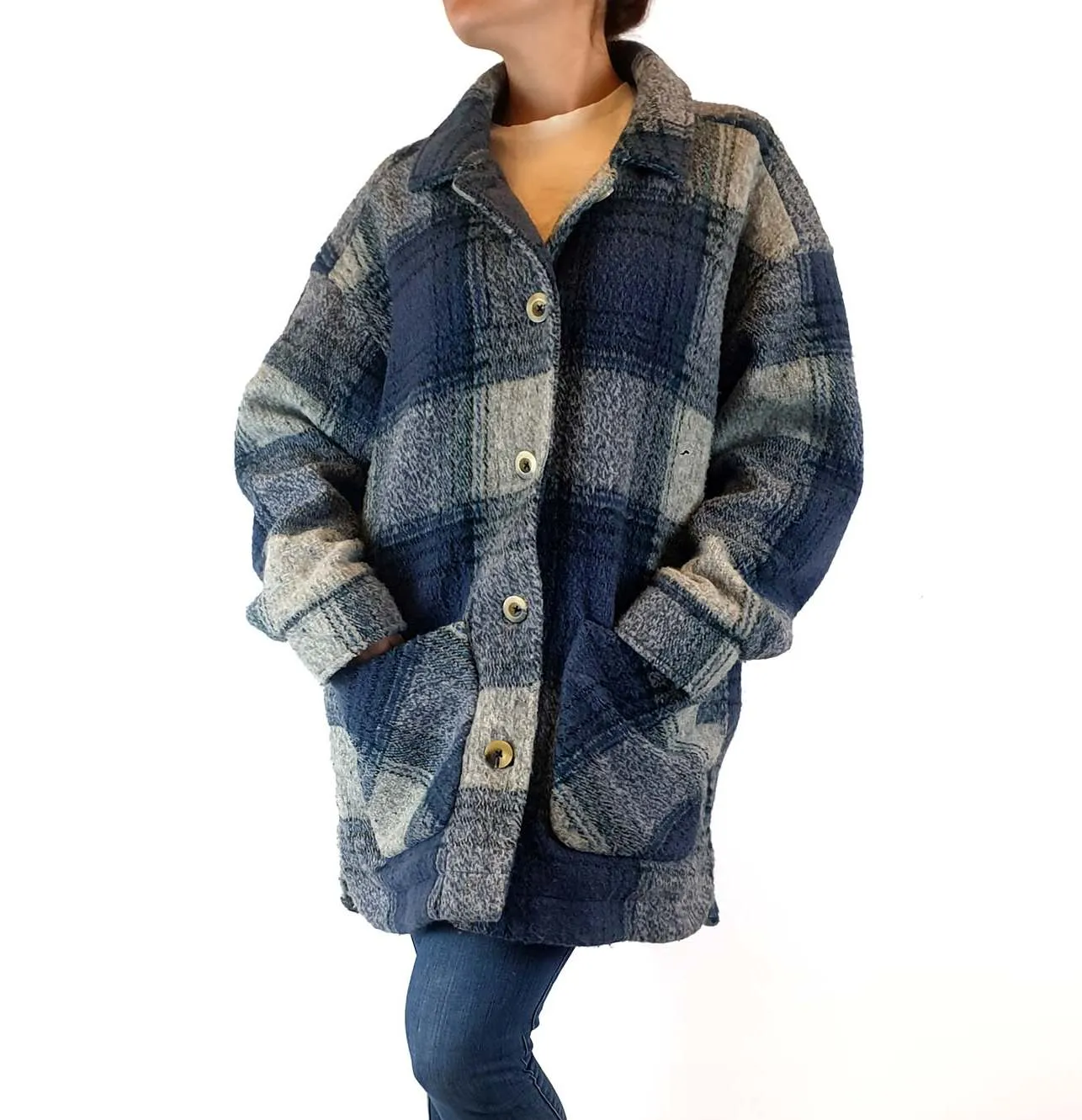 Ghanda wool mix blue and grey plaid coat size S