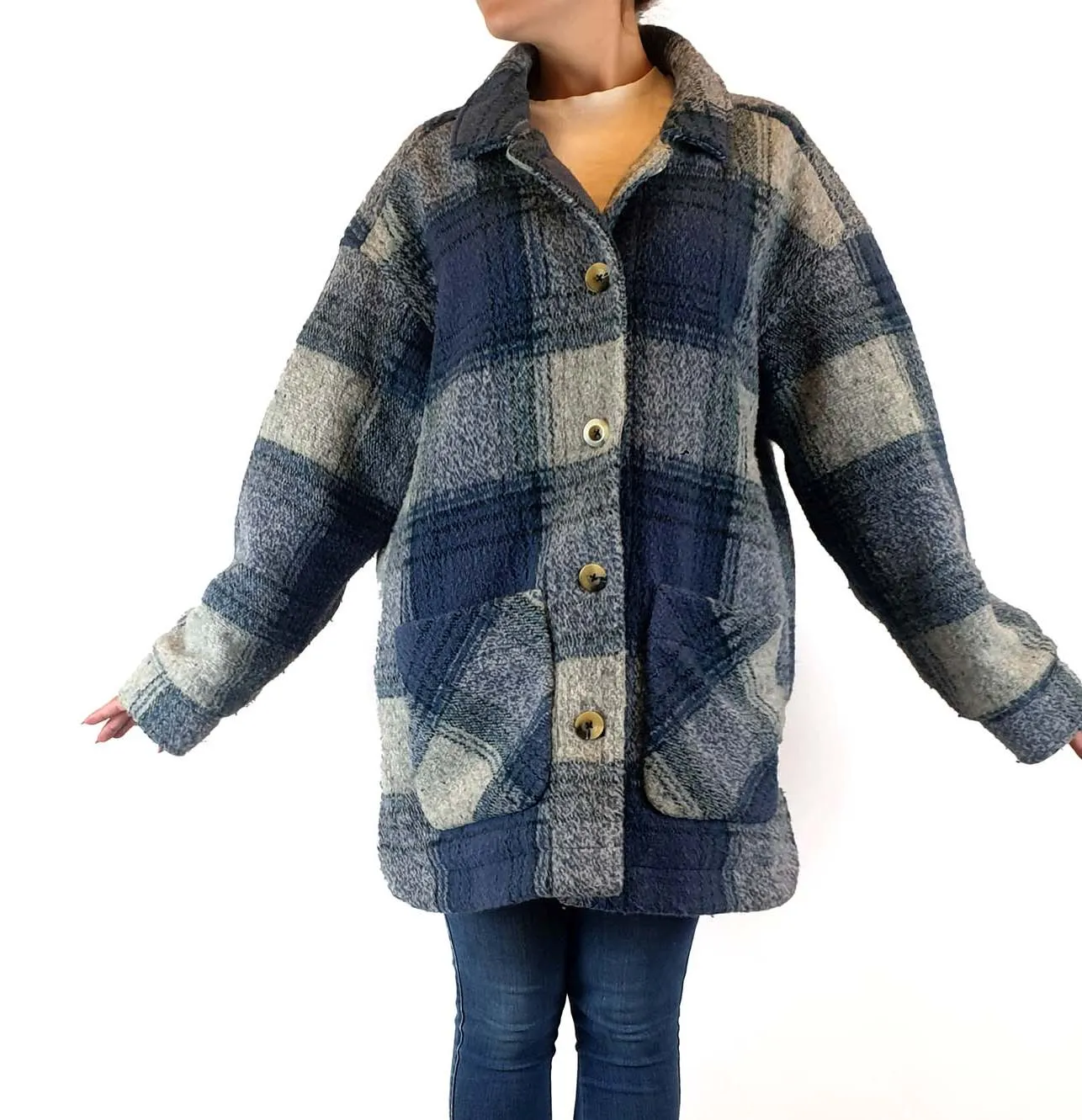 Ghanda wool mix blue and grey plaid coat size S
