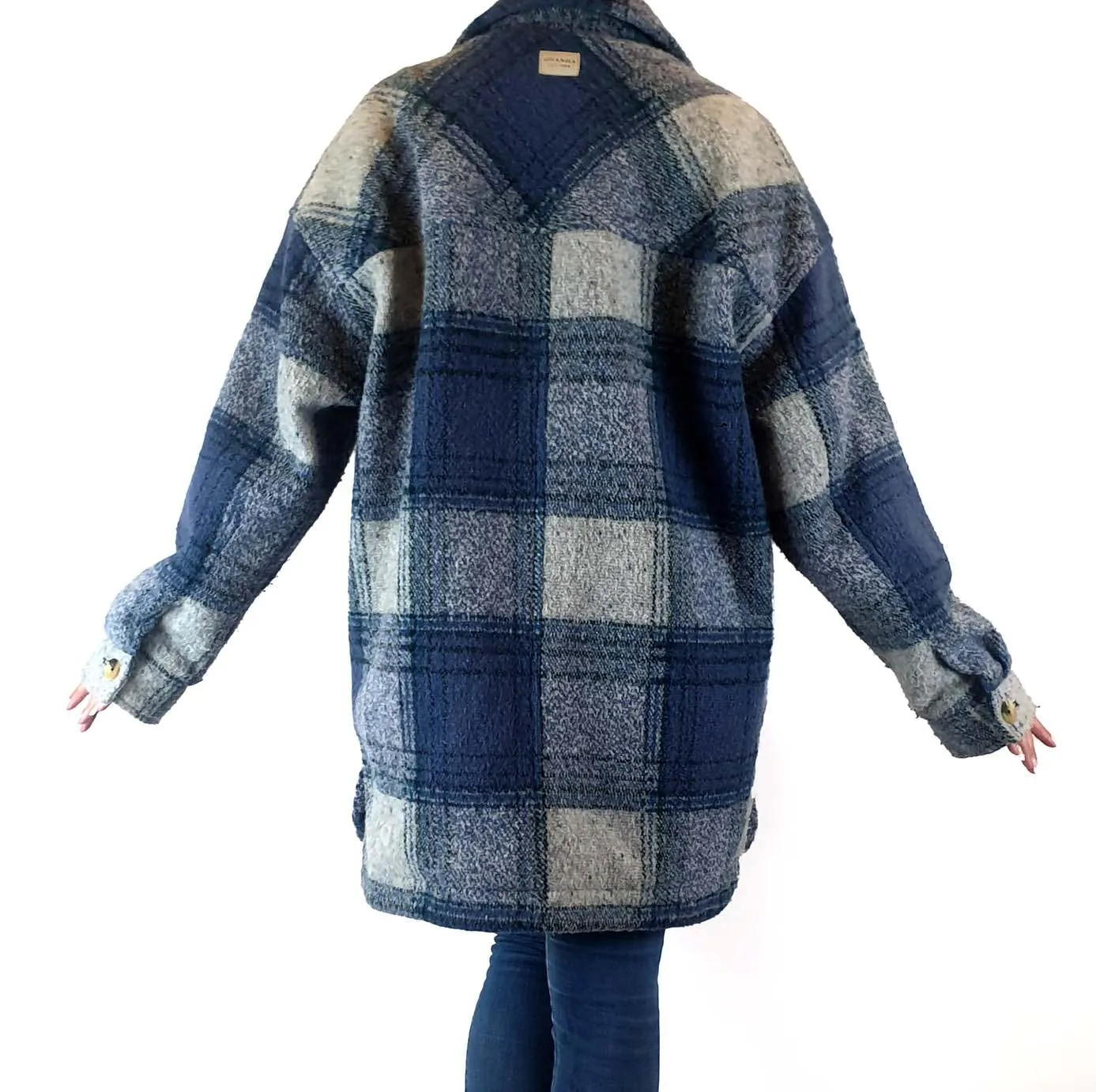 Ghanda wool mix blue and grey plaid coat size S