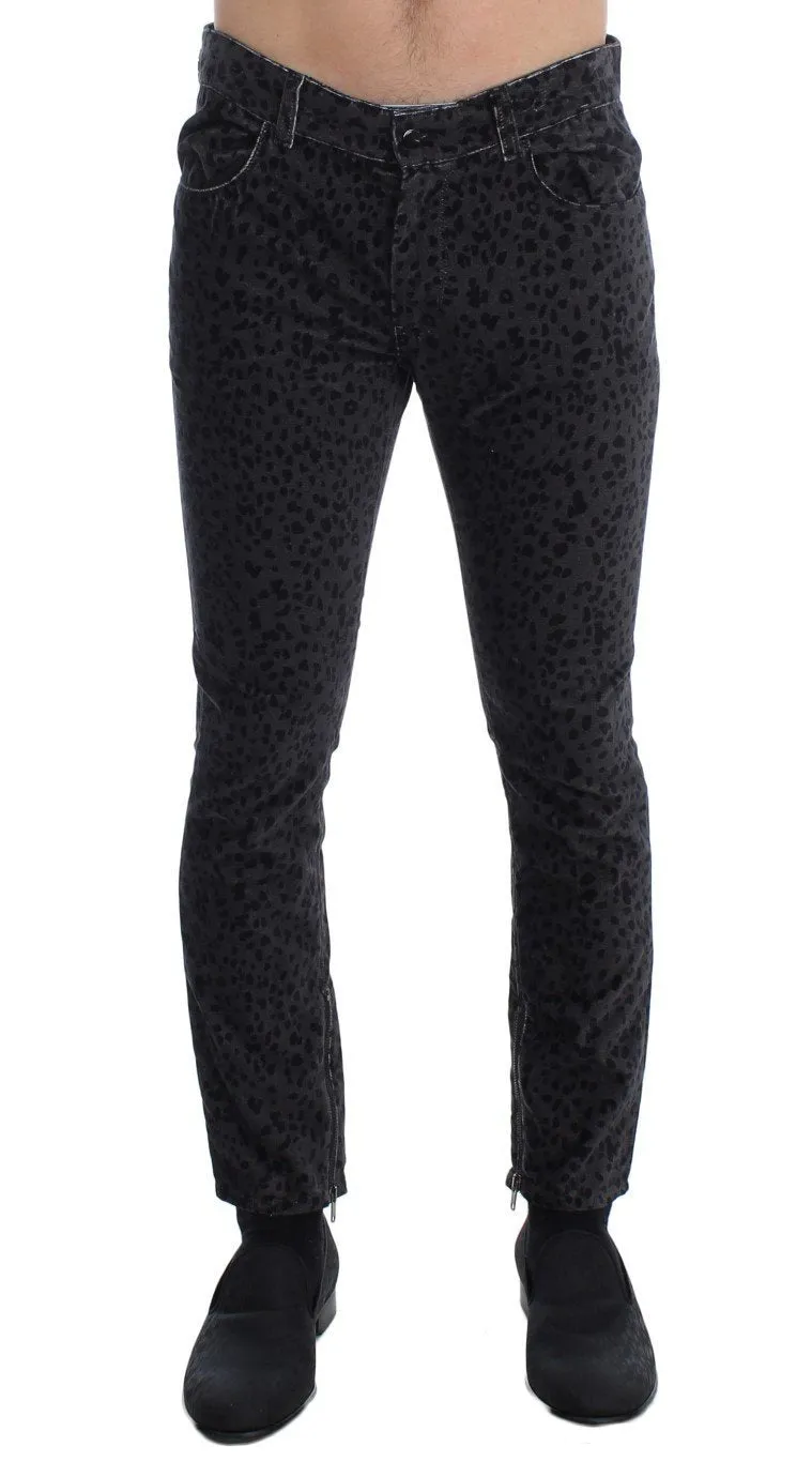 Gray Blue Leopard Slim Fit Pants Jeans