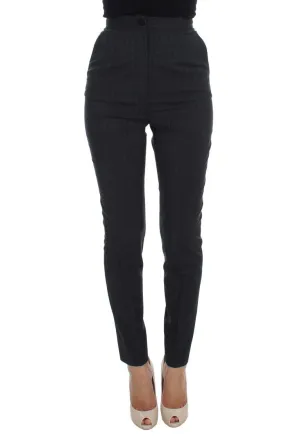 Gray Striped Wool High Waist Slim Pants