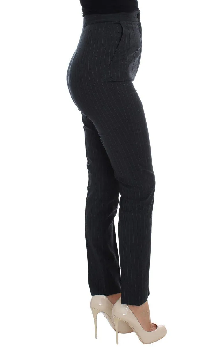 Gray Striped Wool High Waist Slim Pants