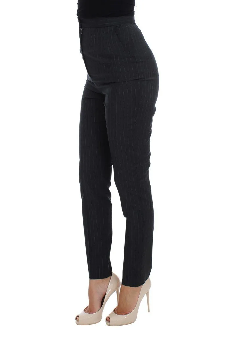 Gray Striped Wool High Waist Slim Pants
