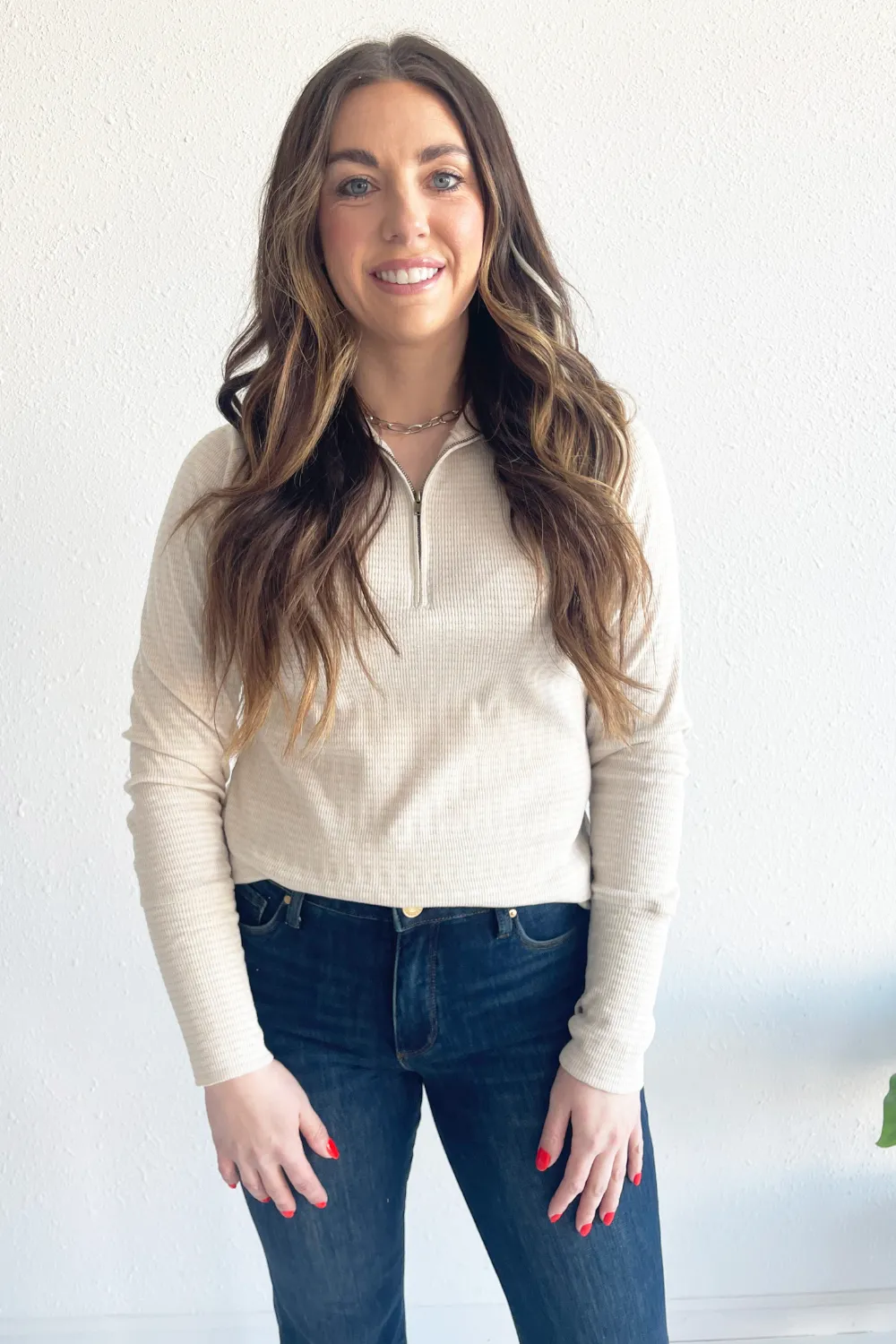 Half Zip Thumb-Hole Long Sleeve Top