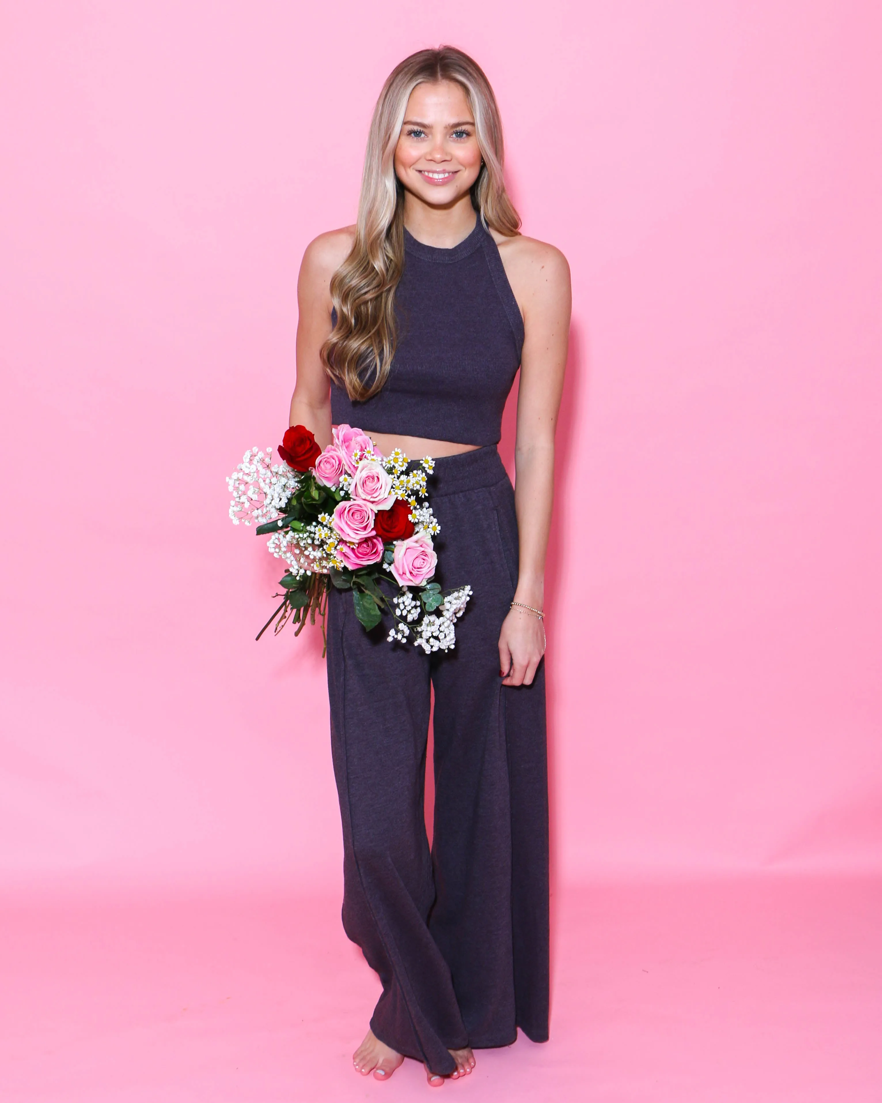 Halter Neck Crop Top and Pants Set in Dark Purple