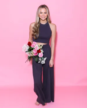Halter Neck Crop Top and Pants Set in Dark Purple