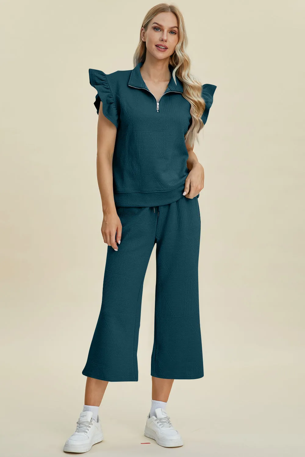 Hazel Blues® |  Double Take Texture Ruffle Short Sleeve Top and Wide Leg Pants Set