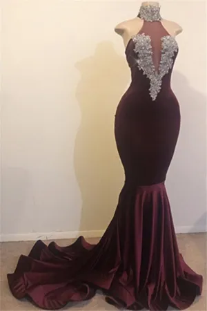 High Neck Backless Brush Train Mermaid Sequins Prom Dress